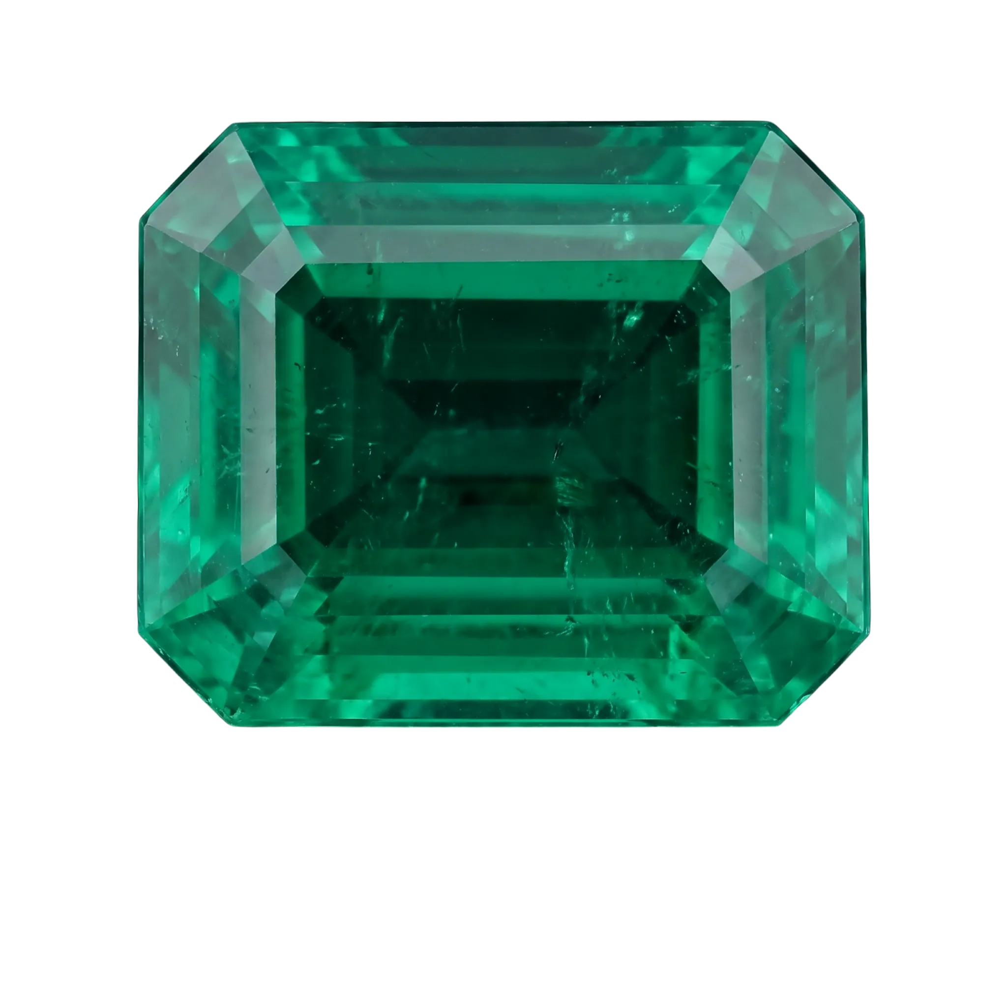 An emerald-cut green emerald.