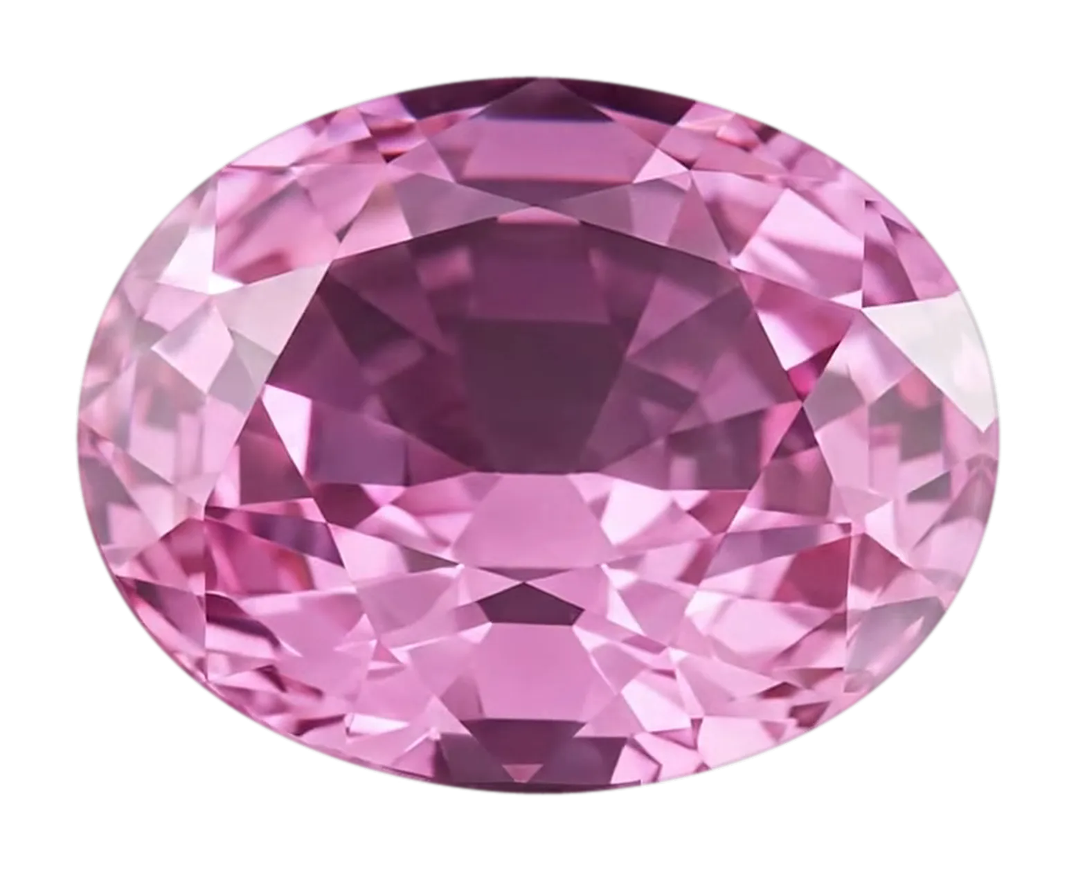 An oval pink sapphire, faceted, seen from above.